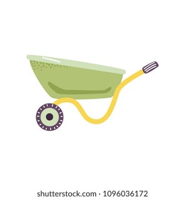 Empty green wheelbarrow cart in flat style - cute symbol of farm gardening tool for carriage of cargoes isolated on white background. Vector illustration of handle agricultural equipment.