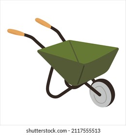 Carro de carretilla verde vacío en estilo plano - símbolo lindo de la herramienta de jardinería agrícola para el transporte de cargos aislados en fondo blanco. Ilustración vectorial de los equipos agrícolas de manipulación.