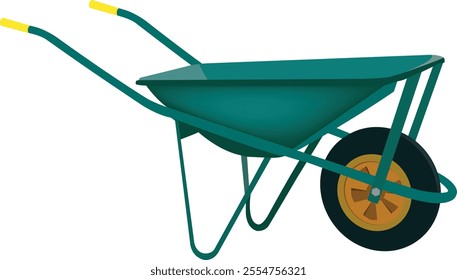 Empty green wheelbarrow with yellow handles on white background, ideal for gardening and construction work