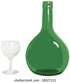 Empty green wine bottle and one wineglass