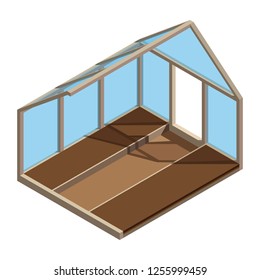 Empty greenhouse in 3D design. Hothouse inside view. Isometric greenhouse isolated on white photo-realistic vector illustration