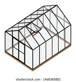 Empty greenhouse with closed door and opened window isometric view isolated on white background. Glass house. 