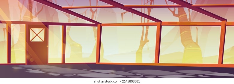 Empty greenhouse with wooden frame and door in jungle landscape with trees and mountains. Vector cartoon illustration of blank interior of hothouse, orangery with glass windows