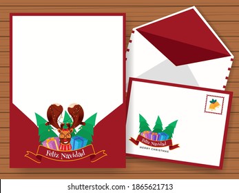 Tarjeta De Saludo Vacía Con Sobre Doble Lado Presente Para Feliz Navidad En Español.