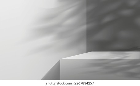 Empty Grey Cement Wall Backdrop Background,3D Display Studio with leaves shadow,Gallery room with sunlight overlay on Concrete wall,Vector minimal design for Spring,Summer Product Presentation 