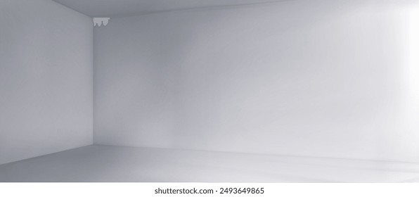 Empty grey house or office room interior with walls, ceiling and floor. Corner view on white studio box inside background. 3d realistic vector illustration of light clean inner container mockup.