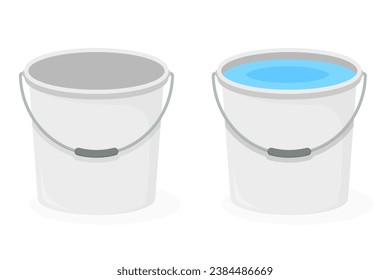 Cubo y cubo de plástico gris vacío con agua, ilustración de eps10 vectorial