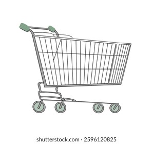 Empty grocery cart on wheels. Shopping in supermarket and purchases. Element template for design. Vector illustration isolated on white background