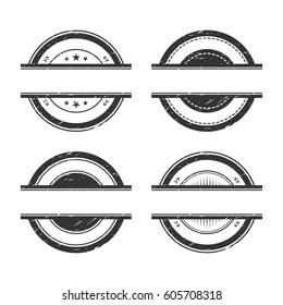 Empty grunge rubber stamps set with place for text isolated on white background. Blank black round banners or logos templates. Grunge effect can be edited or removed (Opacity mask). Vector eps10.