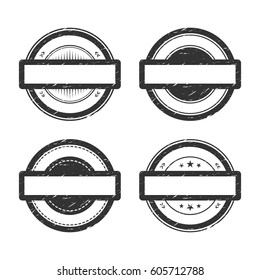 Empty grunge rubber stamps set with place for text isolated on white background. Blank black round banners or logos templates. Grunge effect can be edited or removed (Opacity mask). Vector eps10.