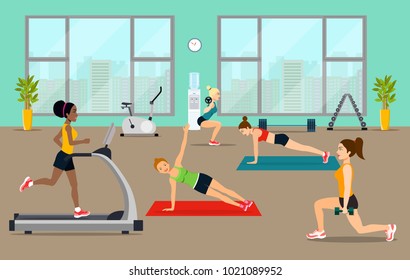 Empty gym with exercise equipment. Girls pick up a dumbbell and do cardio in the gym. Vector flat style illustration