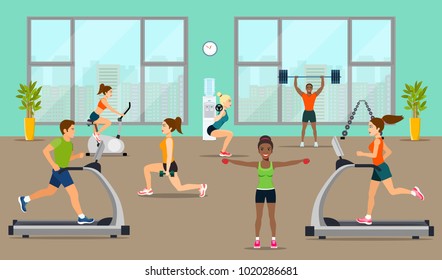 Empty gym with exercise equipment. People pick up a dumbbell and do cardio in the gym. Vector flat style illustration