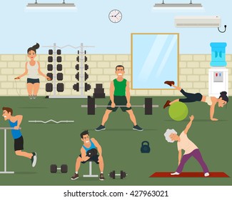 gimnasio vacío con equipamiento para hacer ejercicio. La gente se comprometió con el moderno gimnasio. vectorial. 