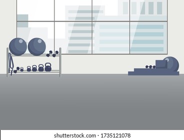 Empty Gym Flat Color Vector Illustration. Fitness Center 2D Cartoon Interior With Equipment For Workout On Background. Professional Sports Club With Stability Balls, Dumbbells And No People Inside