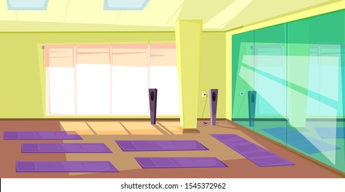 Empty Gym Flat Illustration. Cartoon Fitness Club Modern Interior Design. Room With Nobody Inside. Composition. Yoga Mats On Floor. Music Player Equipment, Mirror And Window In Contemporary Gym