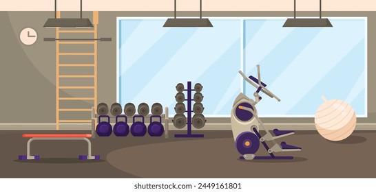 Empty gym interior with mirror, grey walls, three lamps, panoramic window, dumbbell, barbell, cycling and fitness equipment. Vector illustration