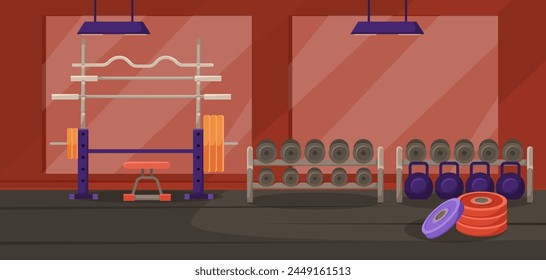 Empty gym interior with mirror, red walls, two lamps, panoramic window, dumbbell, barbell and fitness equipment. Vector illustration