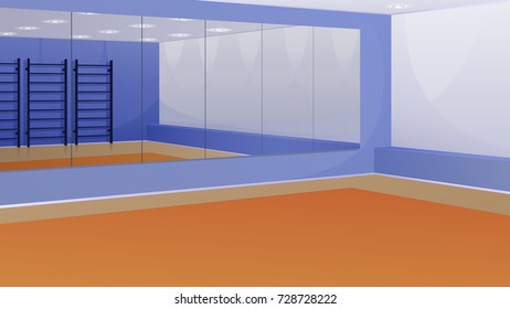 An empty gym with mirrors on the wall and Swedish wall. Vector background.