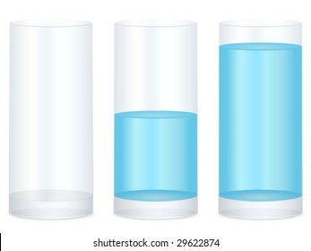 Empty, Half And Full Water Glass On A White Background. Vector Illustration.