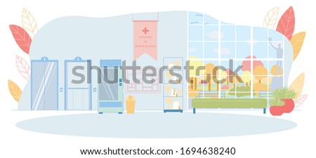 Empty Hall and Corridor of University Interior. Hanging Flag, Schedule or Annoucement Board, Food Machine, Trash Bin, Shelves with Trophies, Awards, Certificates, Cozy Sofa. Park behind Window