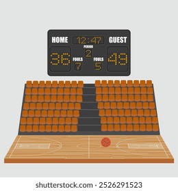 Empty hall field to play basketball team game, seats for fan sector spectators, timer scoreboard indoor sport playground. Basketball court arena stadium vector illustration.