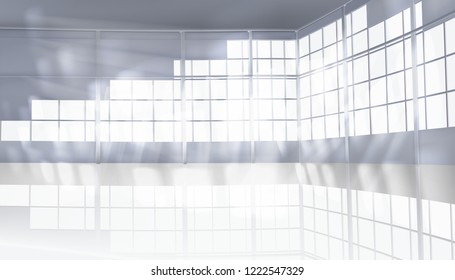 Empty hall with large window. Rays of light falling into the interior. Vector illustration.