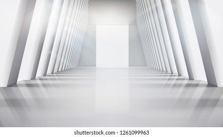 Empty hall with large windows. Interior illuminated by the rays of the sun. Vector illustration.