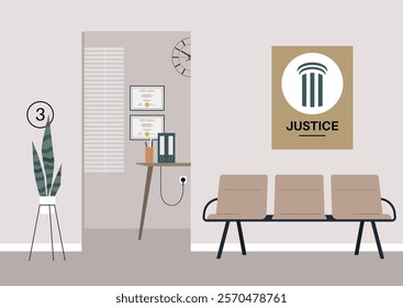 Empty hall of a lawyer firm features modern furnishings with a calming atmosphere, The space includes certificates, a clock, and a prominent justice-themed artwork on the wall