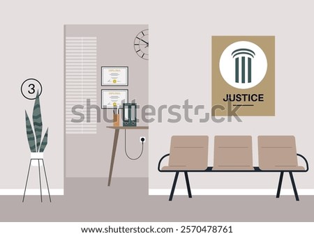 Empty hall of a lawyer firm features modern furnishings with a calming atmosphere, The space includes certificates, a clock, and a prominent justice-themed artwork on the wall
