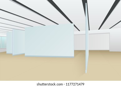 empty hall of the picture gallery with stands for paintings, photographs and other exhibits, white walls, a window with green glass, striped ceiling and a floor divided into squares