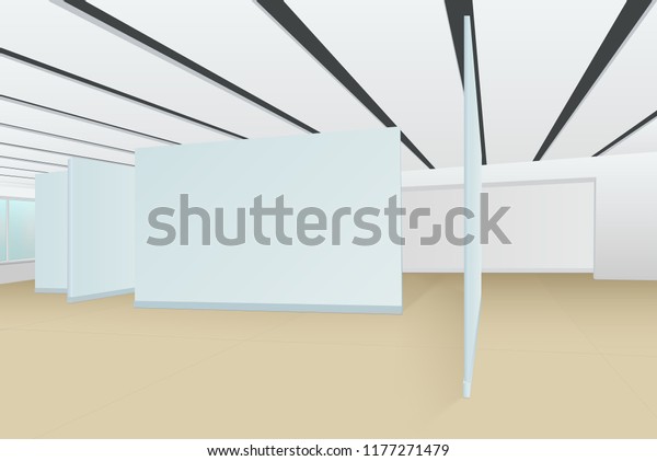 empty hall of\
the picture gallery with stands for paintings, photographs and\
other exhibits, white walls, a window with green glass, striped\
ceiling and a floor divided into\
squares