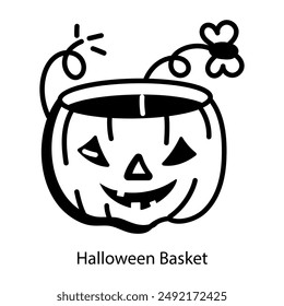 Empty halloween basket with engraved face, doodle icon 
