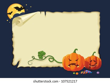 Empty halloween card with pumpkins, sweets and bats