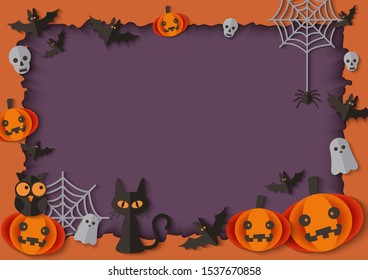 Empty Halloween frame with spooky pumpkins and animals - horizontal banner with blank copy space for party invitation or scary poster, vector illustration.