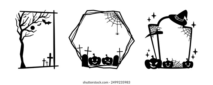 Empty Halloween frames with cobwebs and spiders. Vector isolated set of silhouettes, borders with cemetery and tombstones, graveyard and witch hat decoration. Autumn holiday banners or cards