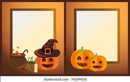Empty Halloween photo frames with ripe pumpkins that have funny faces, witch hat, lighted candle and vat full of potion vector illustrations.