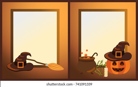 Empty Halloween photo frames with witch hat and broomstick, vat full of potion, lighted candle and decorated pumpkin vector illustrations.
