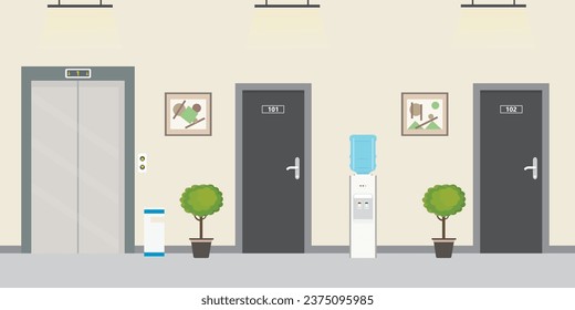 Empty hallway with elevator, pictures and doors. Water cooler and trash can near wall. Corridor without people. Office interior with furniture. Two paintings hanging on wall. Flat vector illustration