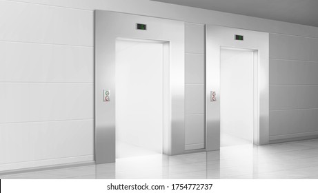 Empty hallway with light from open elevators doors. Vector realistic modern office or hotel lobby interior with lift, metal panel with buttons and floor display on wall