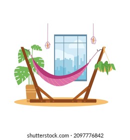 Empty hammock at home, flat vector illustration. Pink stripped swing net for relax and work at home office, apartment with city view from window.