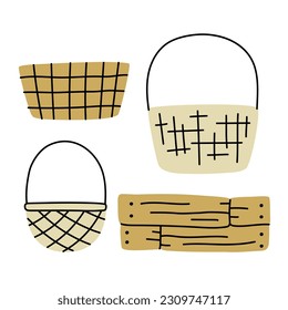 Empty hand drawn baskets set. Wicker picnic baskets. Simple flat vector illustration.