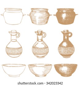 Empty hand drawn cooking dishes, pots, bottle and pans