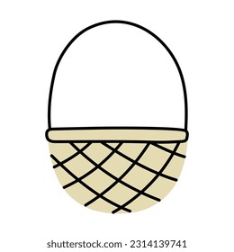 Cesta redonda dibujada a mano vacía. Cesta de picnic de mimbre. Simple ilustración vectorial plana.