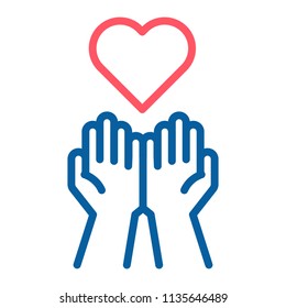 Empty hands receiving red Heart icon. Accepting love, help, kindness, donation. Vector thin line illustration. Symbolizes donation, help, charity, philantrophy, love, passion, kindness, peace.