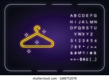 Empty hanger neon light icon. Hang clothes in closet. Garment storage. Cloakroom sign. Outer glowing effect. Sign with alphabet, numbers and symbols. Vector isolated RGB color illustration