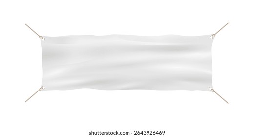 Empty hanging white textile banner with rope. White canvas with folds. Blank horizontal mockup of poster isolated on  white background. Realistic Vector 