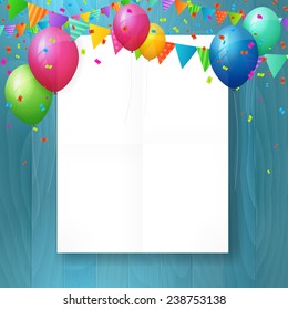 empty happy birthday greeting card with balloons and flags on wood background. isolated from background. layered