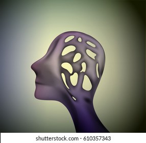 empty head, depression, man profile head with holes inside, memory problem, amnesia, memory lost, brain decease, Dying out  memories, surrealistic dream, vector