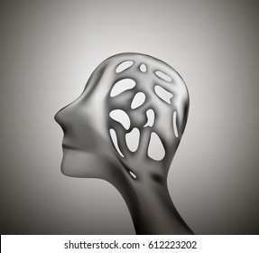 empty head, depression, man profile head with holes inside, memory problem, amnesia, memory lost, brain decease, black and white,  vector