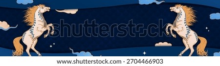 Empty header, billboard with paper cut hand drawn horses on blue background with place for text. Panoramic banner in asian style with ornate equines, clouds, stars. 2026 Lunar New Year of the Horse